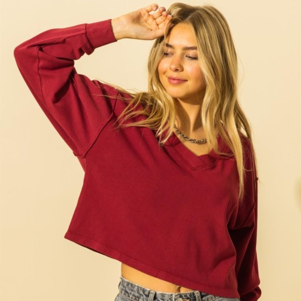 HYFVE V-Neck Drop Shoulder Raw Edge Detail Top (Burgundy)